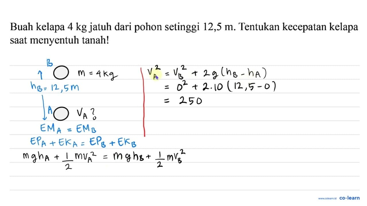 Buah kelapa 4 kg jatuh dari pohon setinggi 12,5 m .