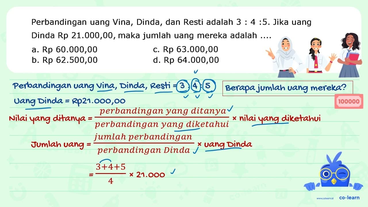 Perbandingan uang Vina, Dinda, dan Resti adalah 3: 4: 5 .