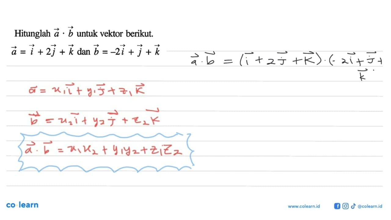 Hitunglah a.b untuk vektor berikut.a=i+2j+k dan b=-2i+j+k