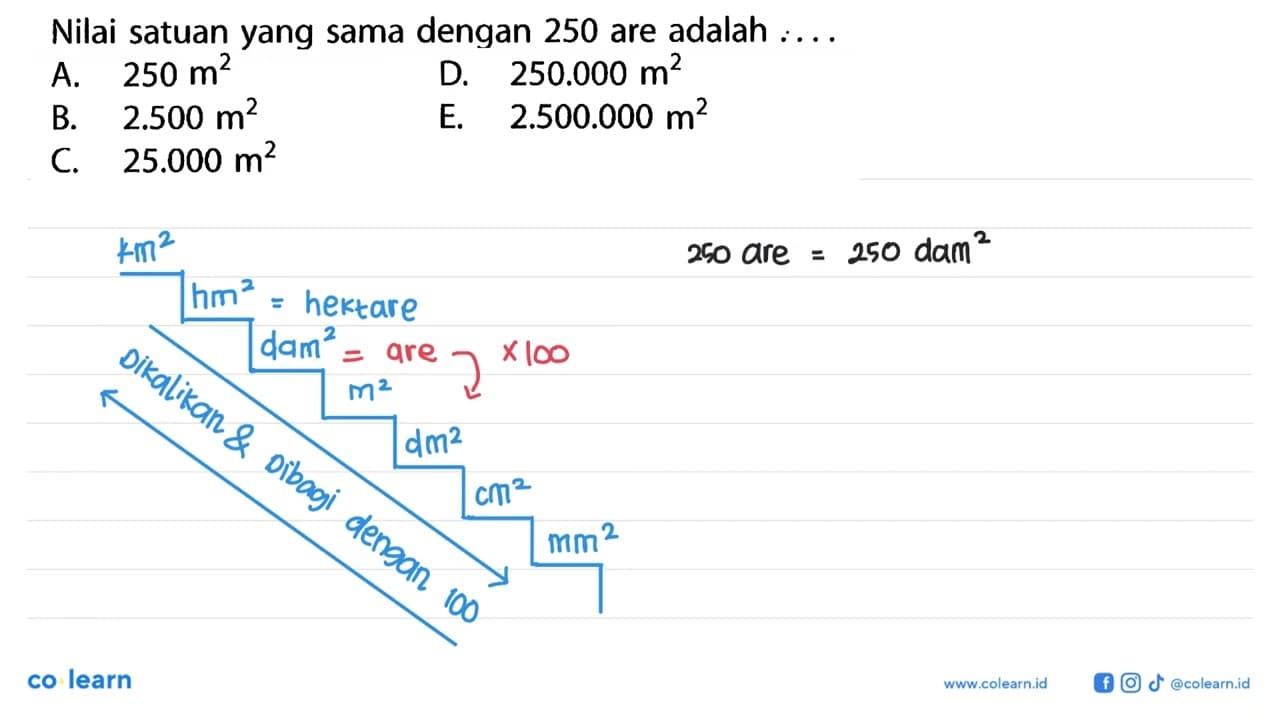 Nilai satuan yang sama dengan 250 are adalah . . . A. 250