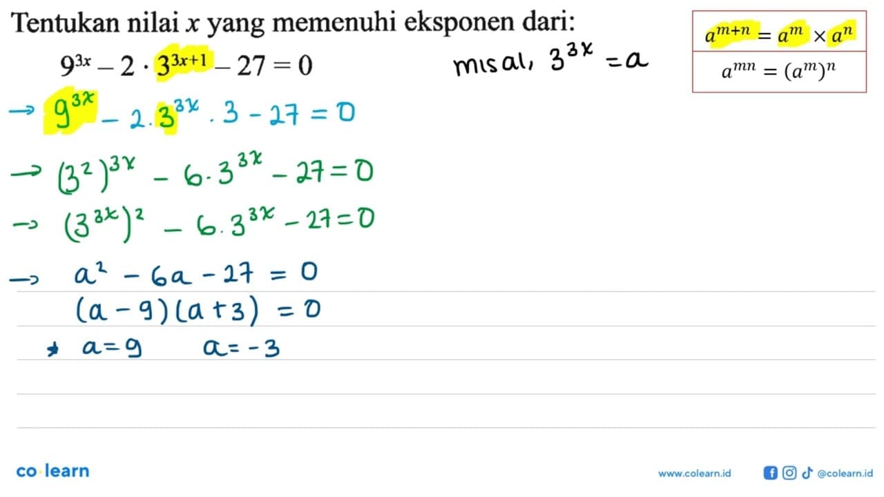 Tentukan nilai x yang memenuhi eksponen dari: 9^3x- 2.