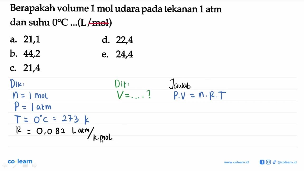 Berapakah volume 1 mol udara pada tekanan 1 atm dan suhu 0