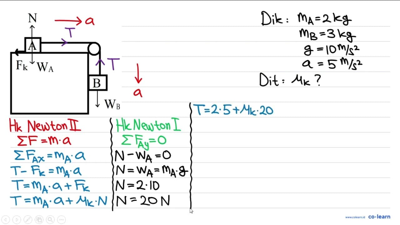 Suatu sistem pada meja kasar dengan m_(A)=2 kg, m_(B)=3 kg