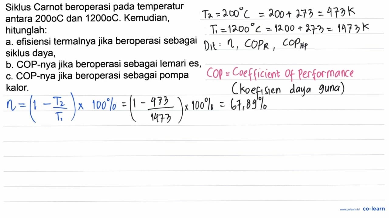 Siklus Carnot beroperasi pada temperatur antara 200oC dan