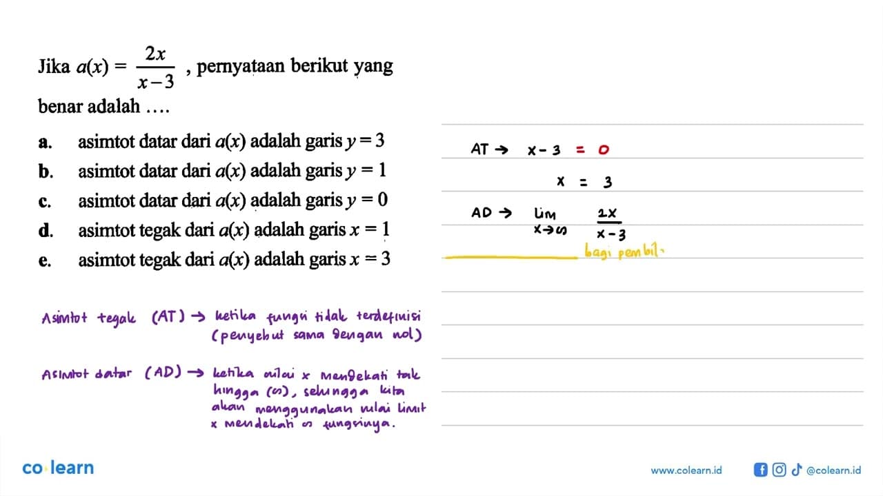 Jika a(x)=2 x/(x-3), pernyataan berikut yang benar adalah