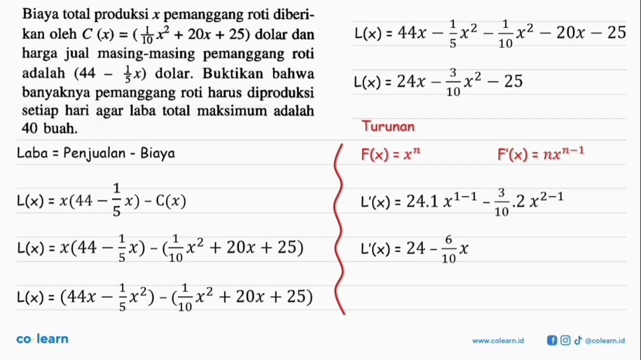 Biaya total produksi x pemanggang roti diberikan oleh