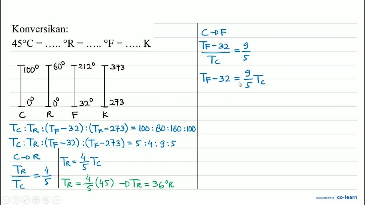 Konversikan: 45 C=... .{ ) R=... .{ ) F=... ... K