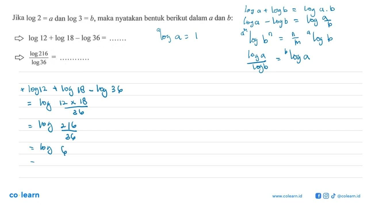 Jika log2=a dan log3=b, maka nyatakan bentuk berikut dalam