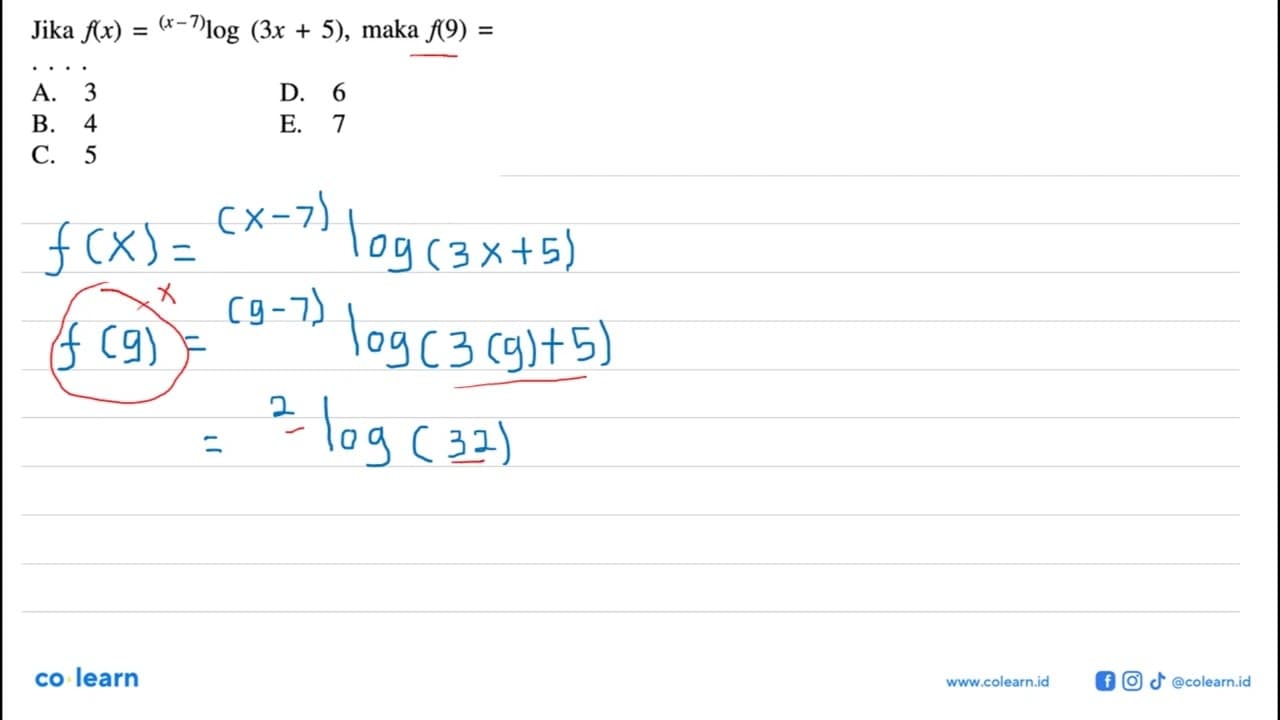 Jika f(x)=(x-7) log(3x+5), maka f(9)= . . . .