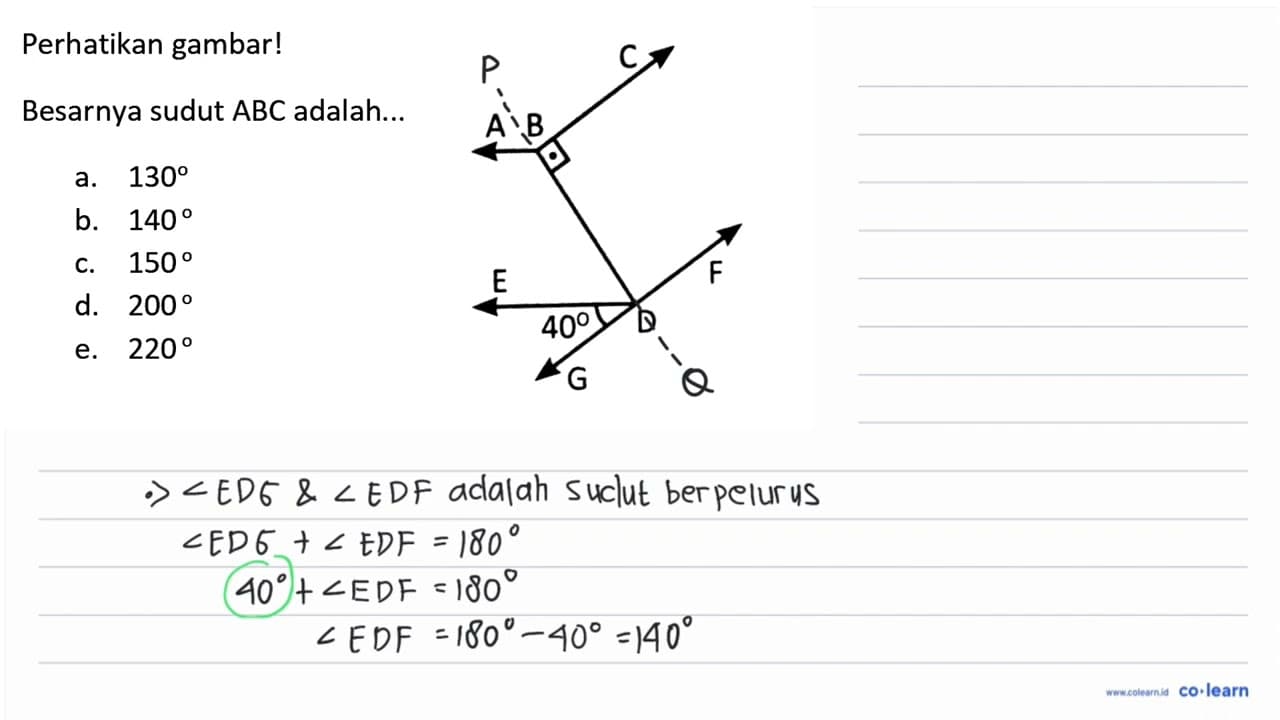 Perhatikan gambar! Besarnya sudut A B C adalah... A B C E F