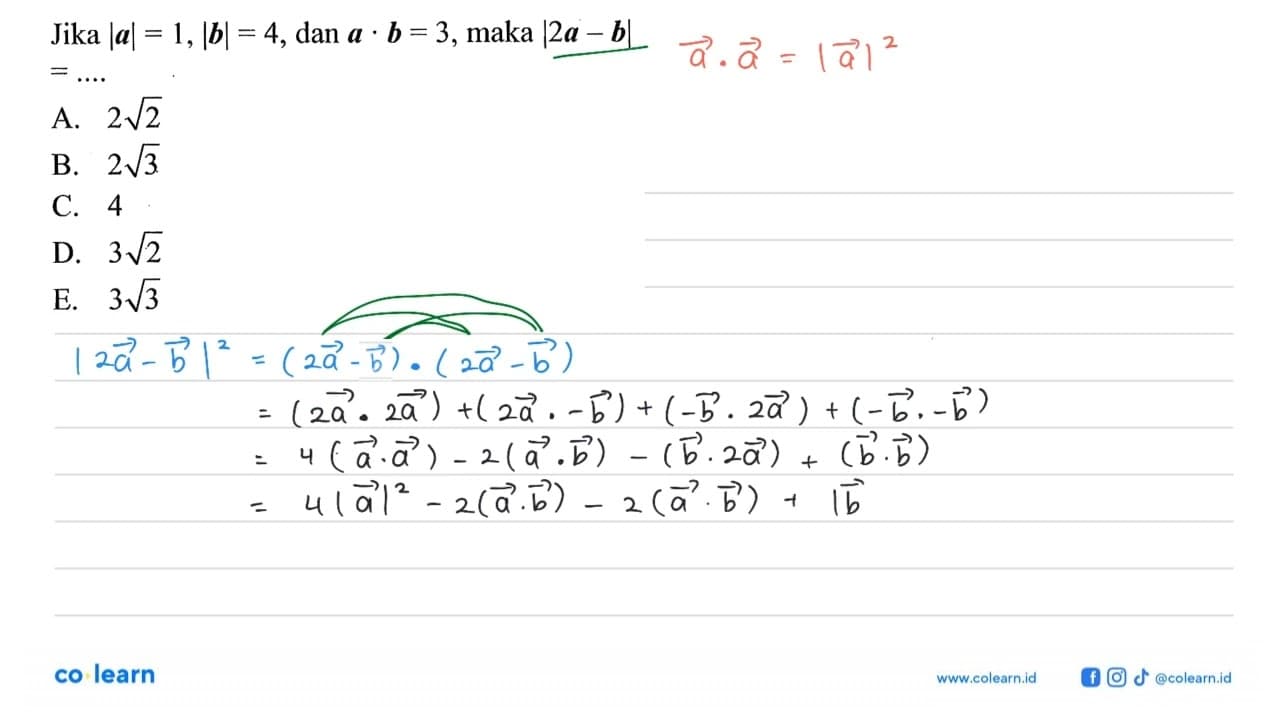 Jika |a|=1, |b|=4, dan a.b=3, maka |2a-b|=....