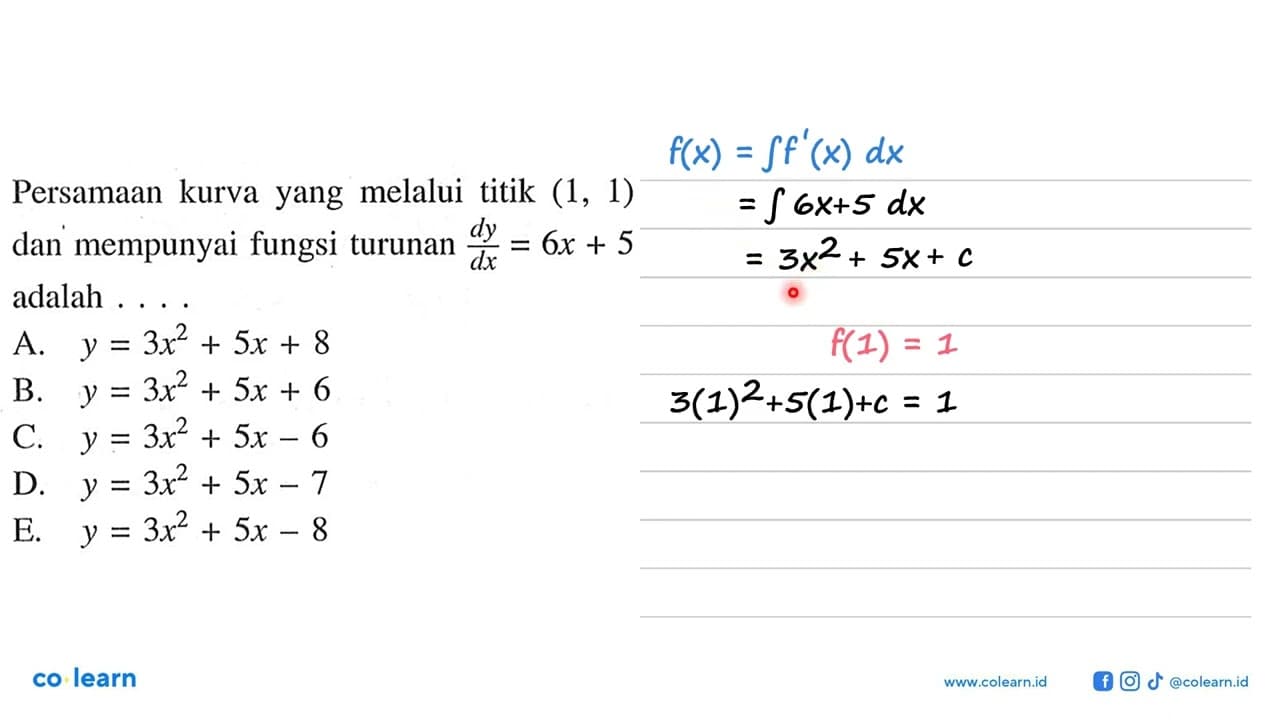 Persamaan kurva yang melalui titik (1,1) dan mempunyai