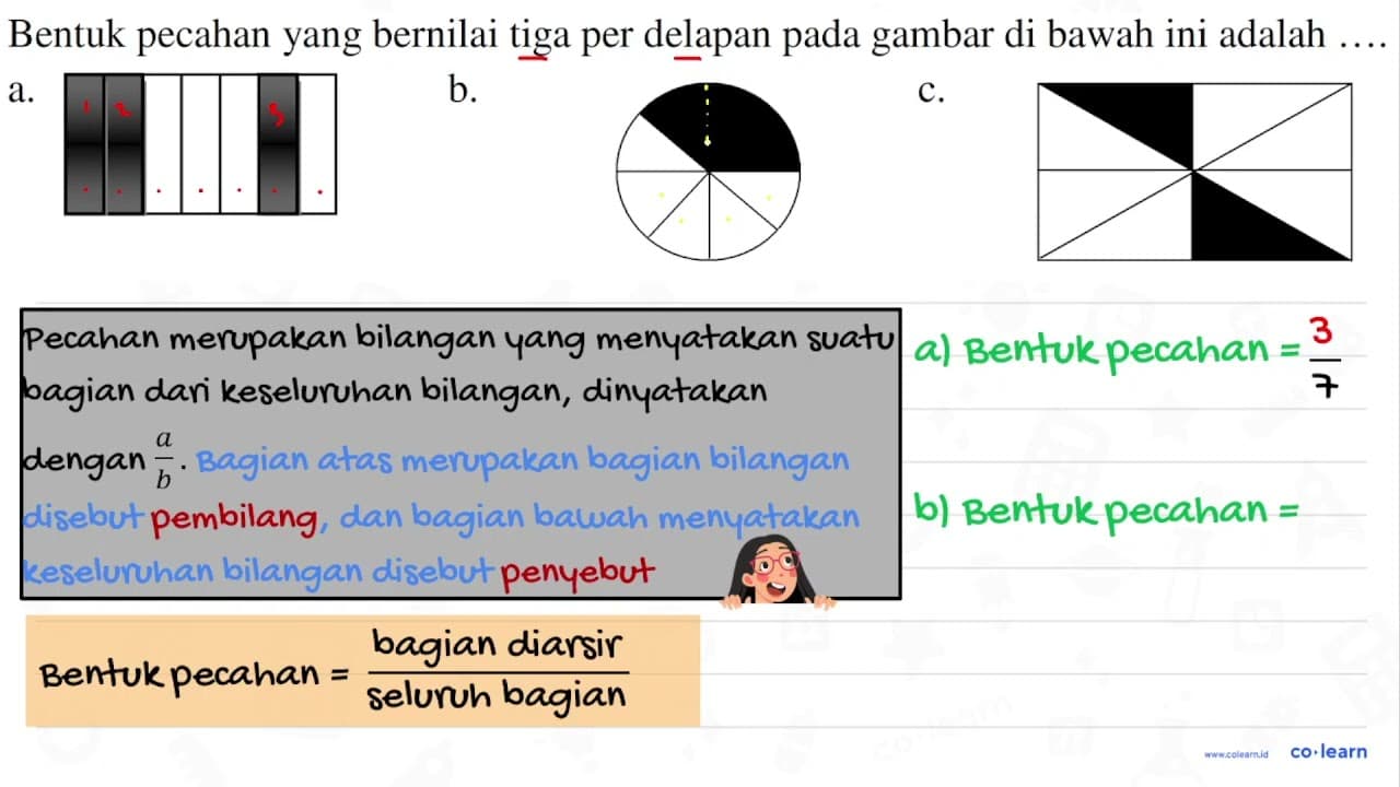 Bentuk pecahan yang bernilai tiga per delapan pada gambar