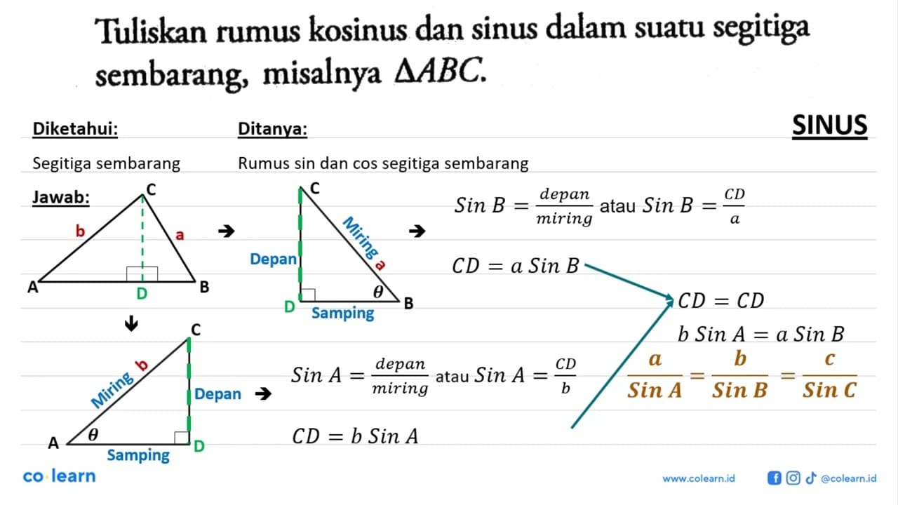 Tuliskan rumus kosinus dan sinus dalam suatu segitiga