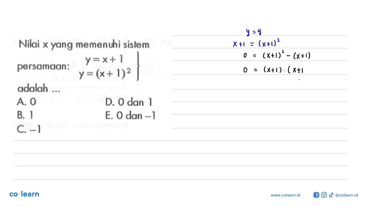 Nilai x yang memenuhi sistem persamaan: y=x+1 y=(x+1)^2