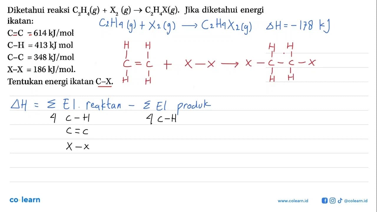 Diketahui reaksi C2H4(g) + X2(g) -> C2H4X(g). Jika