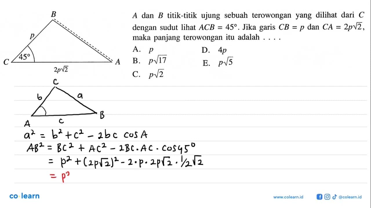 B p C 45 2p akar(2) A A dan B titik-titik ujung sebuah