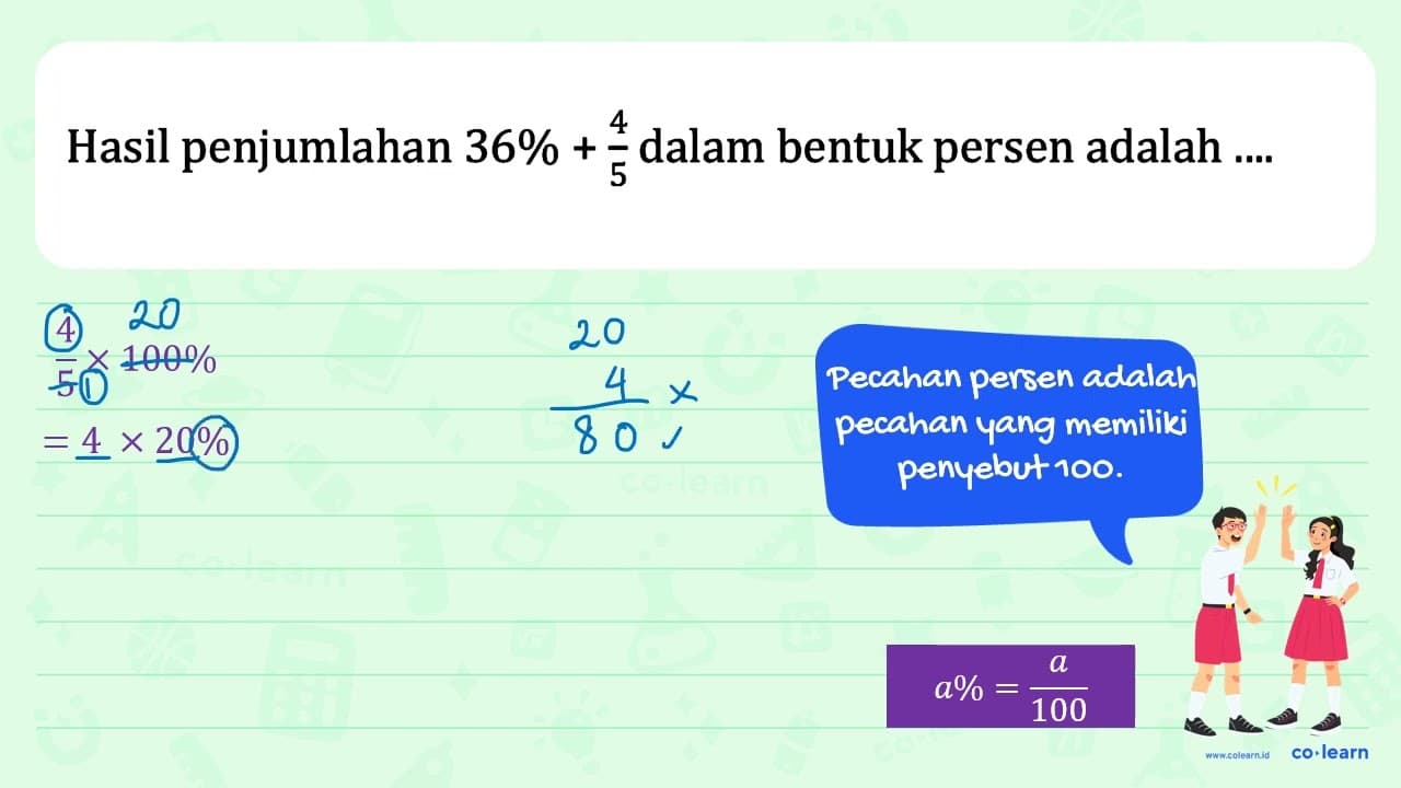 Hasil penjumlahan 36 %+(4)/(5) dalam bentuk persen adalah .