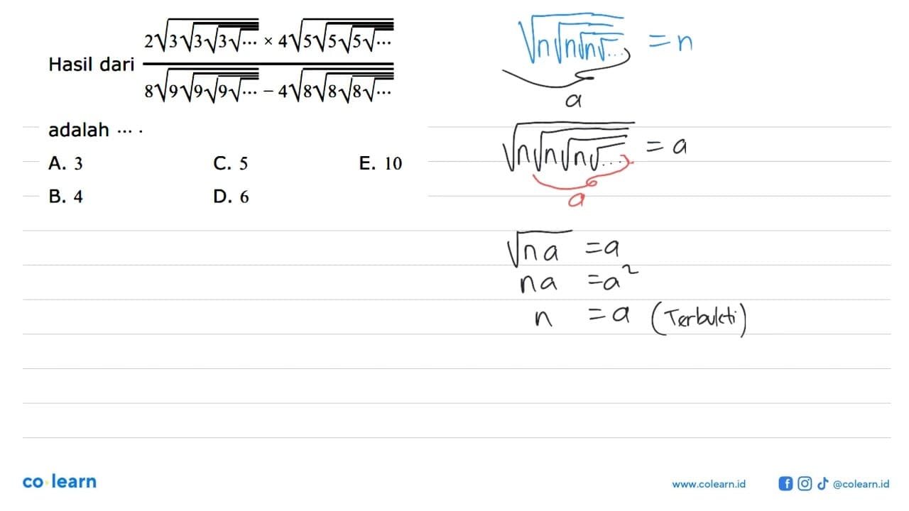 Hasil dari (2 (3 (3 (3 (...)^(1/2))^(1/2))^(1/2))x4 (5 (5