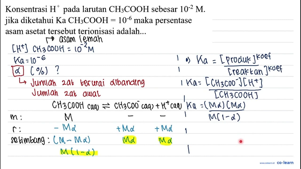 Konsentrasi H^(+) pada larutan CH_(3) COOH sebesar 10^(-2)