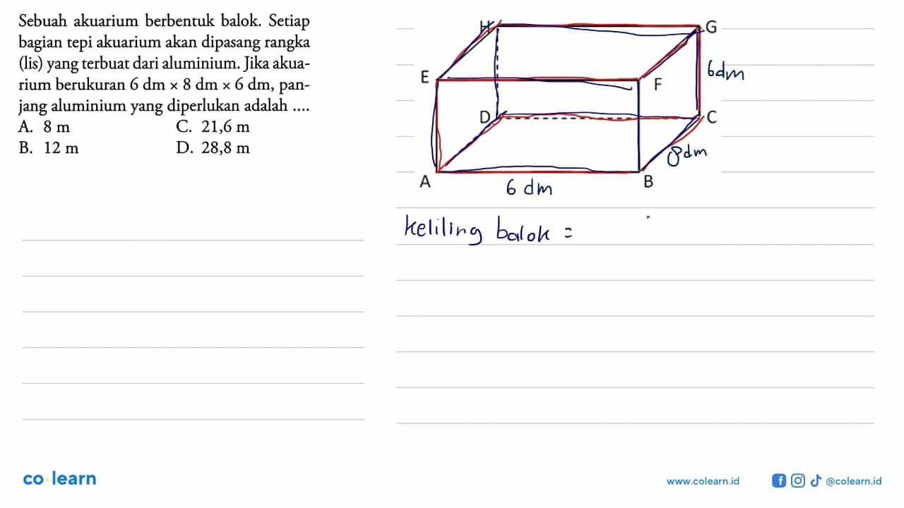 Sebuah akuarium berbentuk balok. Setiap bagian tepi