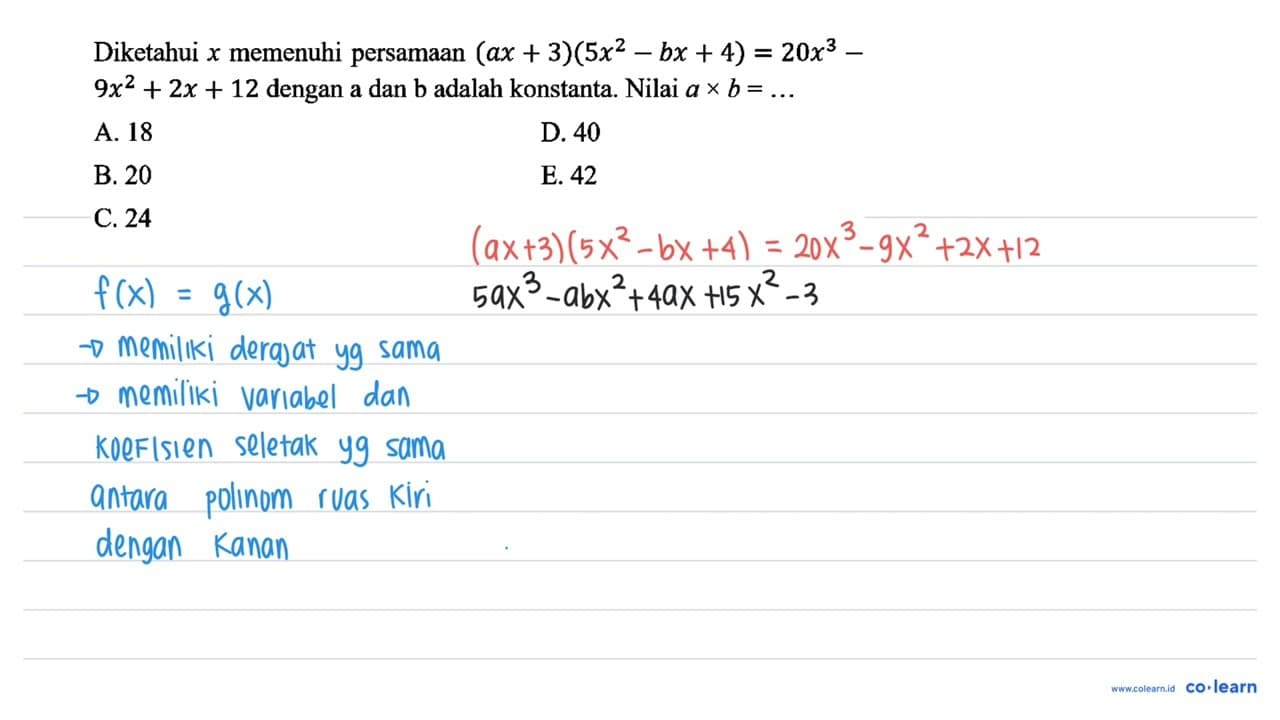 Diketahui x memenuhi persamaan (a x+3)(5 x^(2)-b x+4)=20