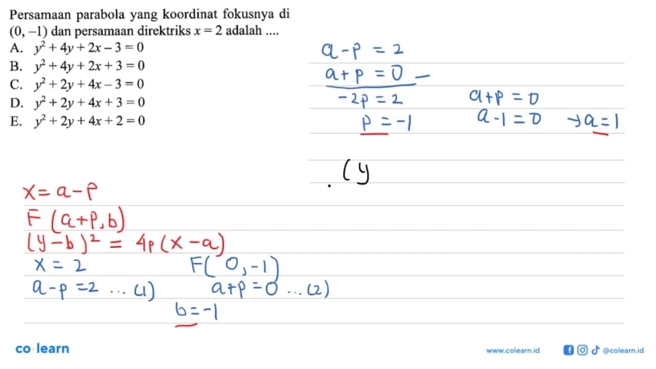 Persamaan parabola yang koordinat fokusnya di (0, -1) dan