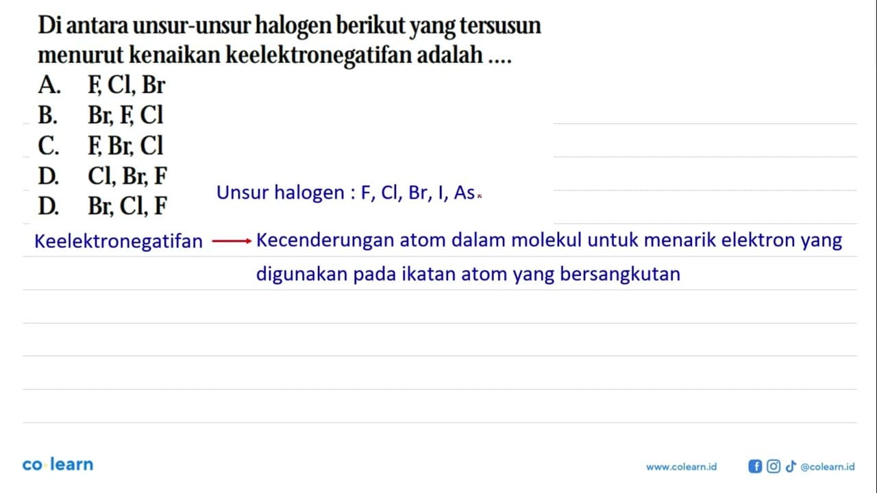 Diantara unsur-unsur halogen berikut yang tersusun menurut