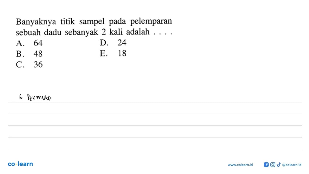 Banyaknya titik sampel pada pelemparan sebuah dadu sebanyak