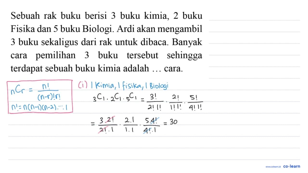 Sebuah rak buku berisi 3 buku kimia, 2 buku Fisika dan 5