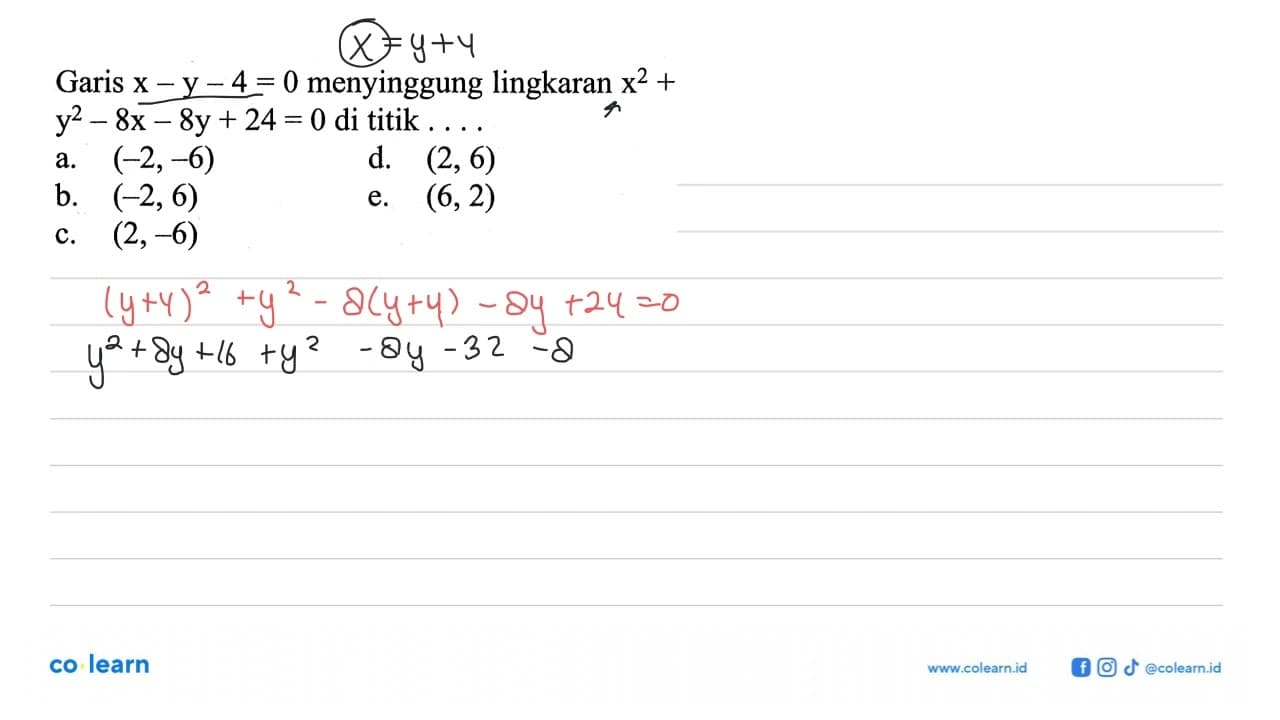 Garis x-y-4=0 menyinggung lingkaran x^2+y^2-8x-8y+24=0 di