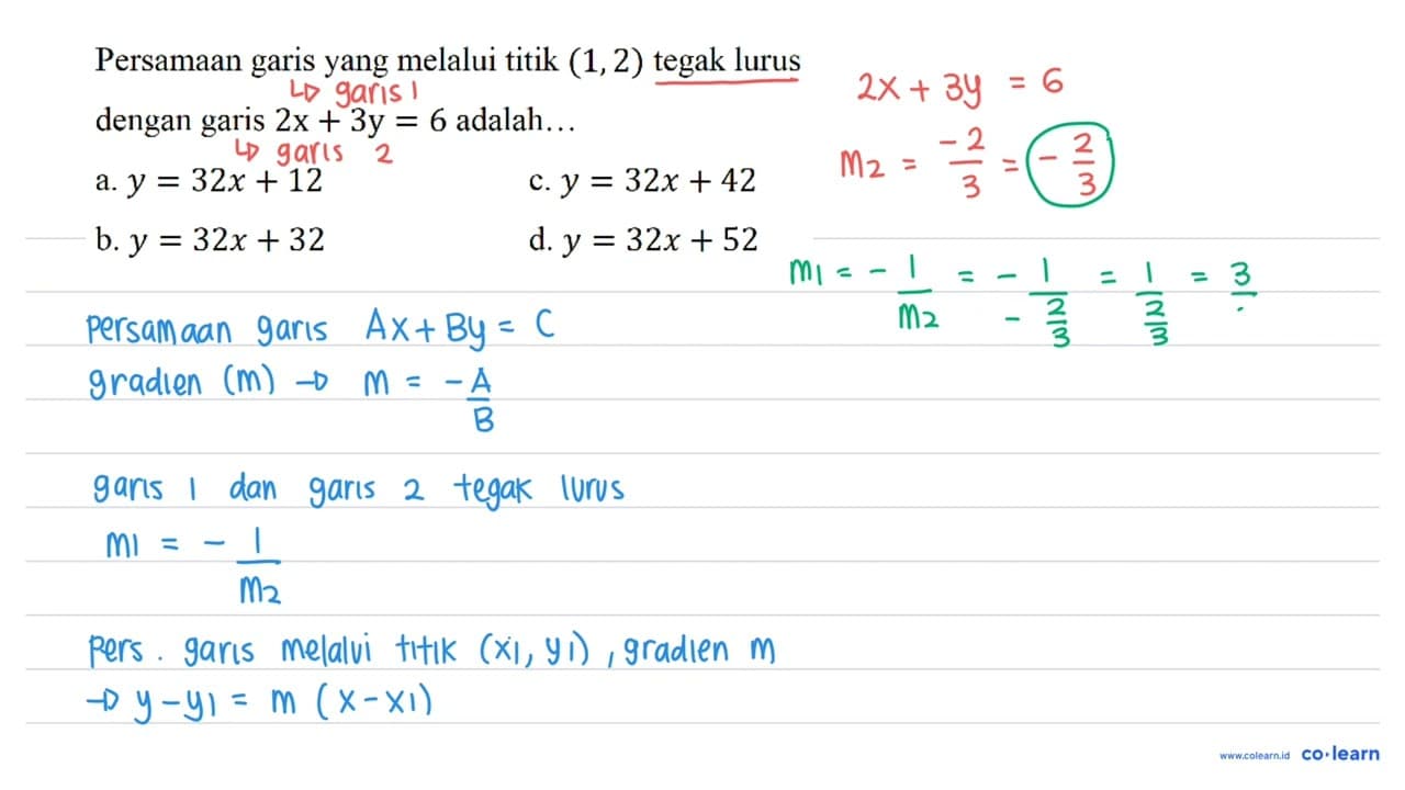 Persamaan garis yang melalui titik (1,2) tegak lurus dengan