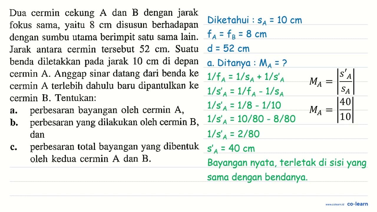 Dua cermin cekung A dan B dengan jarak fokus sama, yaitu 8