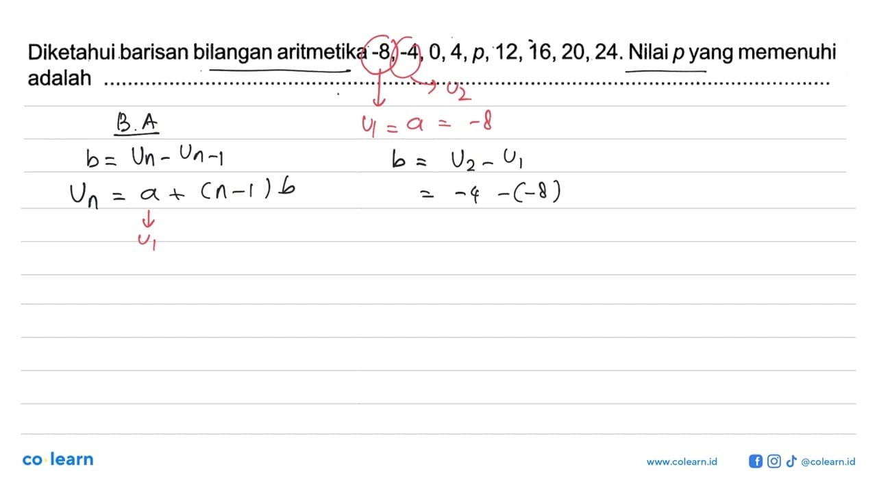 Diketahui barisan bilangan aritmetika -8,-4, 0,4,p, 12,