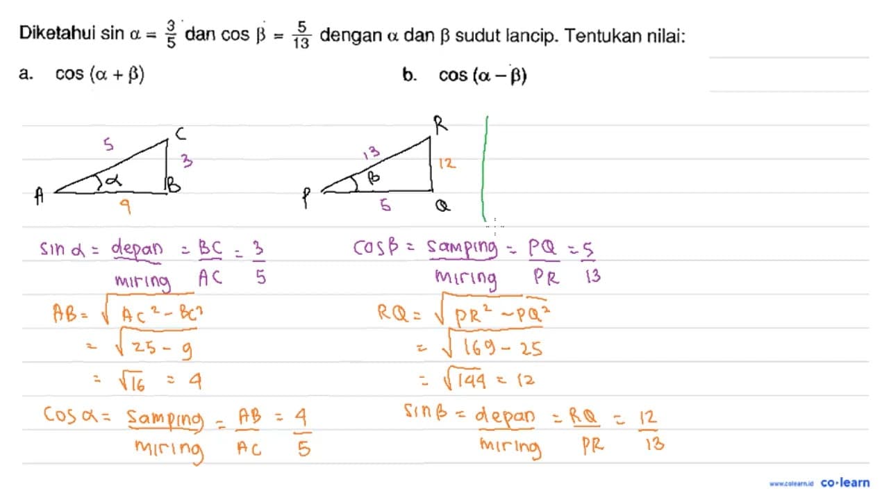 Diketahui sin a=3/5 dan cos b=5/13 dengan a dan b sudut