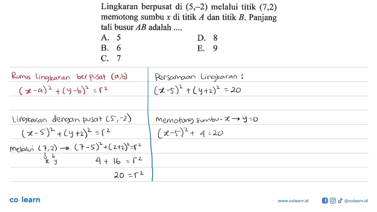 Lingkaran berpusat di (5, -2) melalui titik (7, 2) memotong