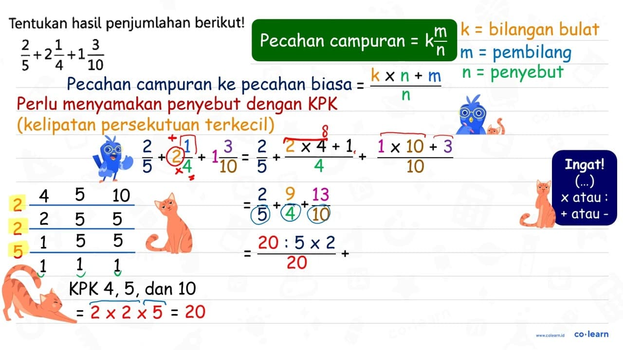 Tentukan hasil penjumlahan berikut! (2)/(5)+2 (1)/(4)+1