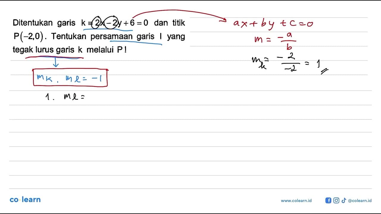 Ditentukan garis k=2x-2y+6=0 dan titik P(-2,0). Tentukan