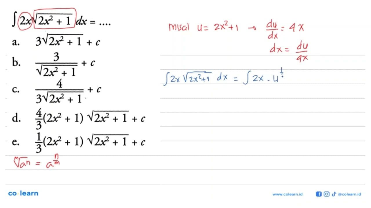 integral 2x akar(2x^2+1) dx= ....