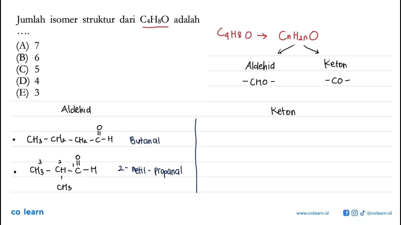 Jumlah isomer struktur dari C4 H8 O adalah ...