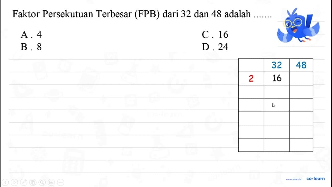 Faktor Persekutuan Terbesar (FPB) dari 32 dan 48 adalah A.