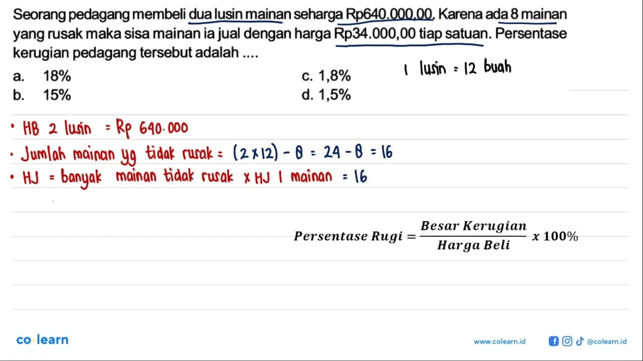 Seorang pedagang membeli dua lusin mainan seharga