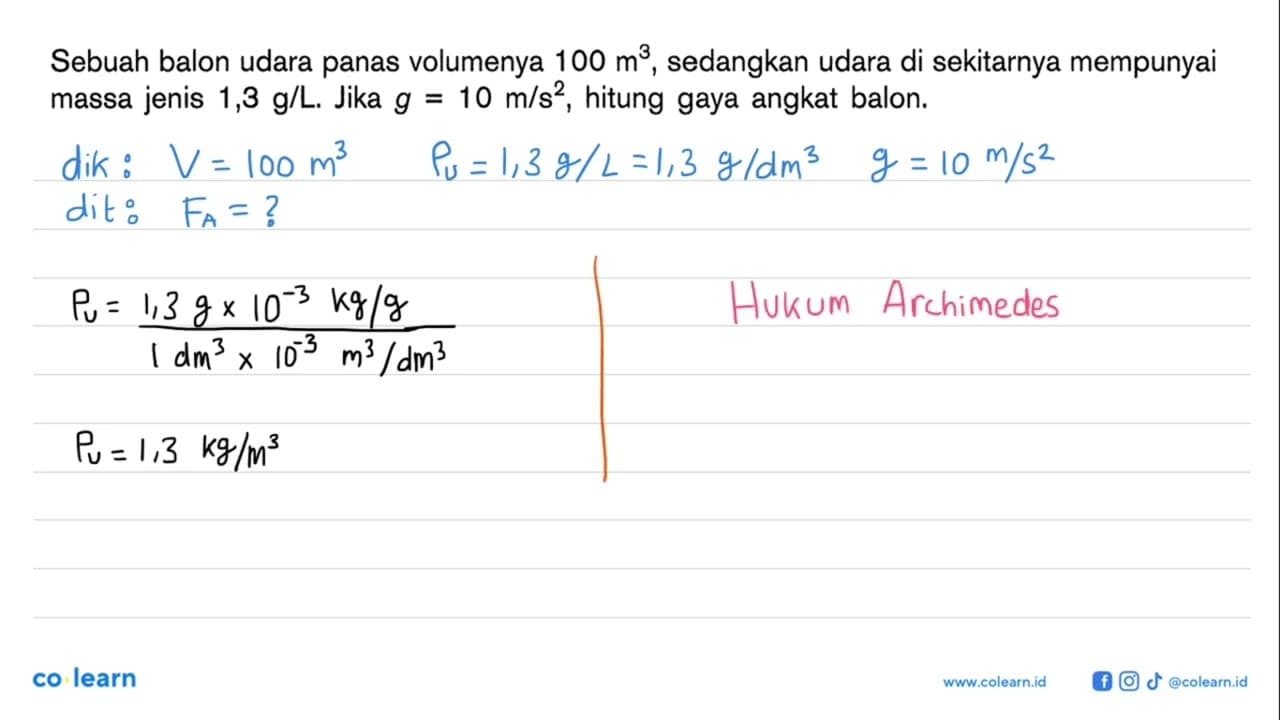 Sebuah balon udara panas volumenya 100 m^3, sedangkan udara