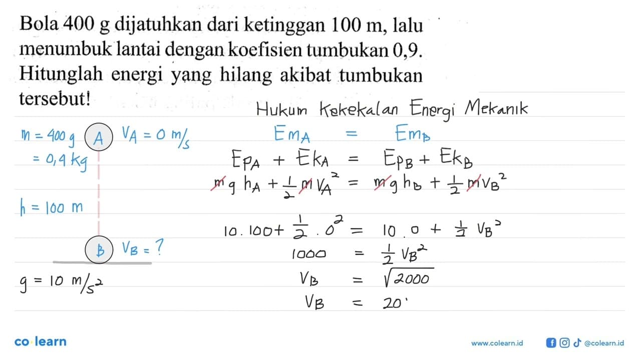 Bola 400 g dijatuhkan dari ketinggian 100 m, lalu menumbuk