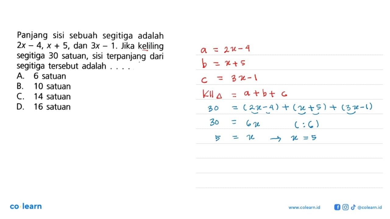 Panjang sisi sebuah segitiga adalah 2x-4, x+5, dan 3x-1.