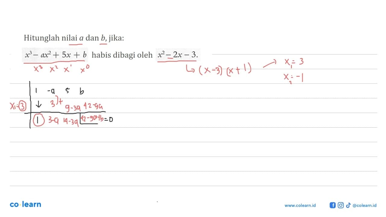 Hitunglah nilai a dan b, jika: x^3-ax^2+5x+b habis dibagi