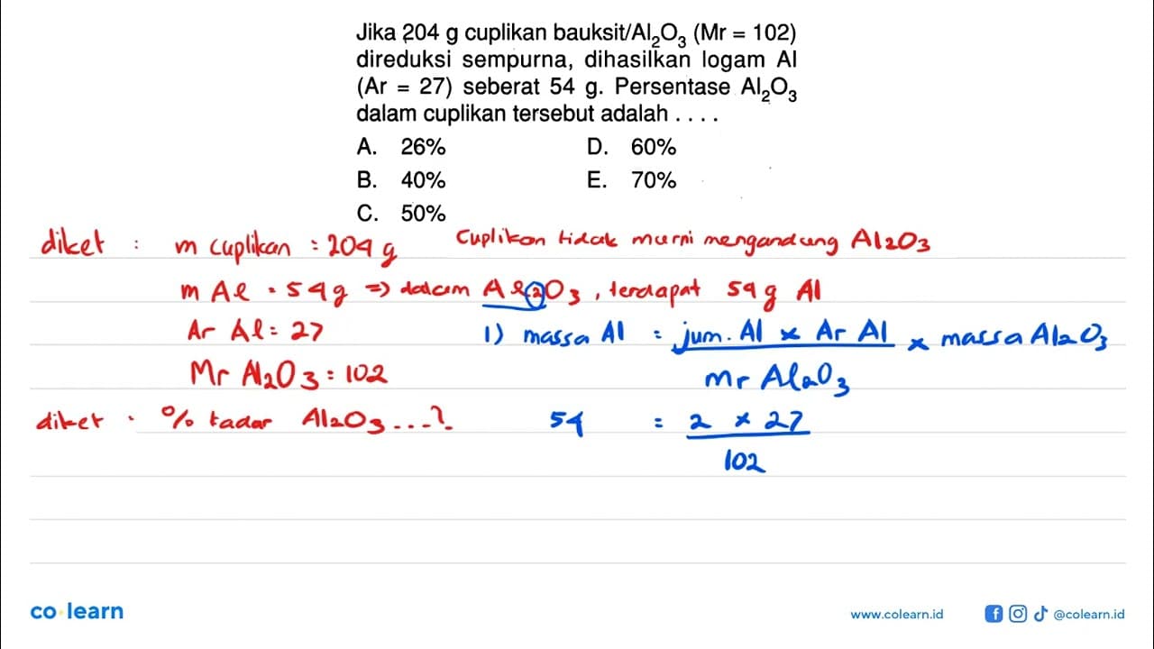 Jika 204 g cuplikan bauksit/ Al2 O3(Mr=102) direduksi