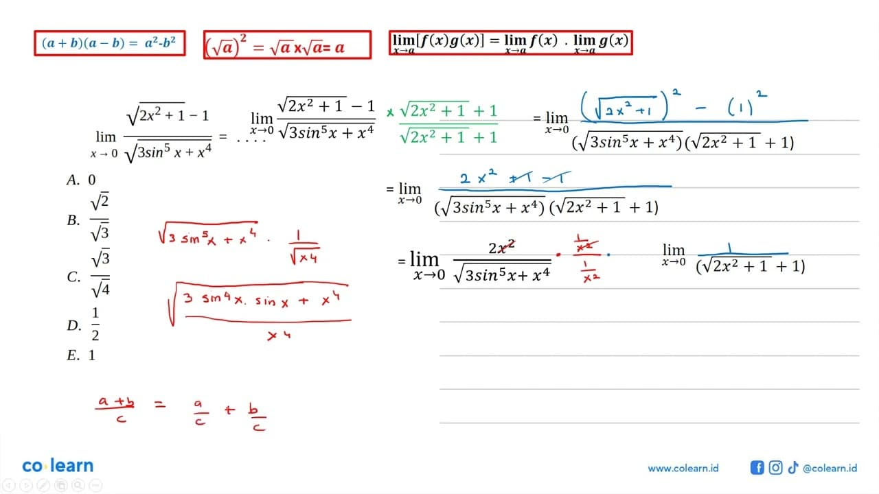 limit x -> 0 (akar(2x^2+1)-1)/akar(3sin^5 x+x^4)=. . . .