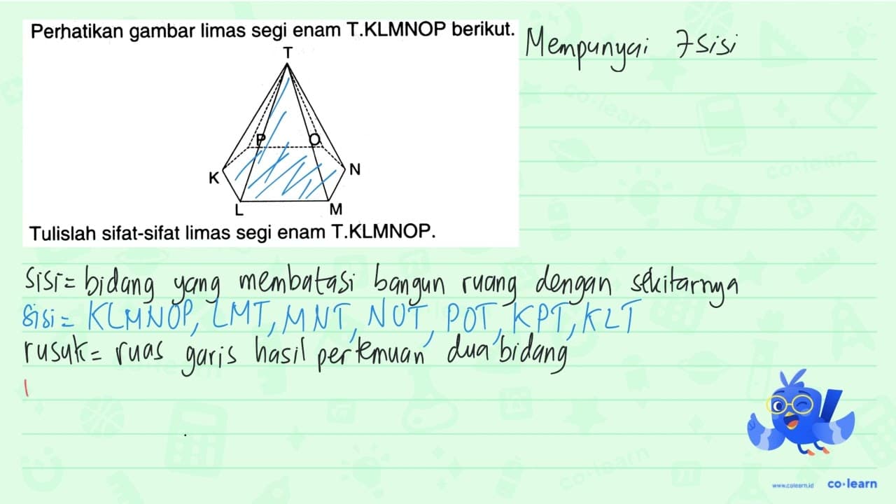 Perhatikan gambar limas segi enam T.KLMNOP berikut.