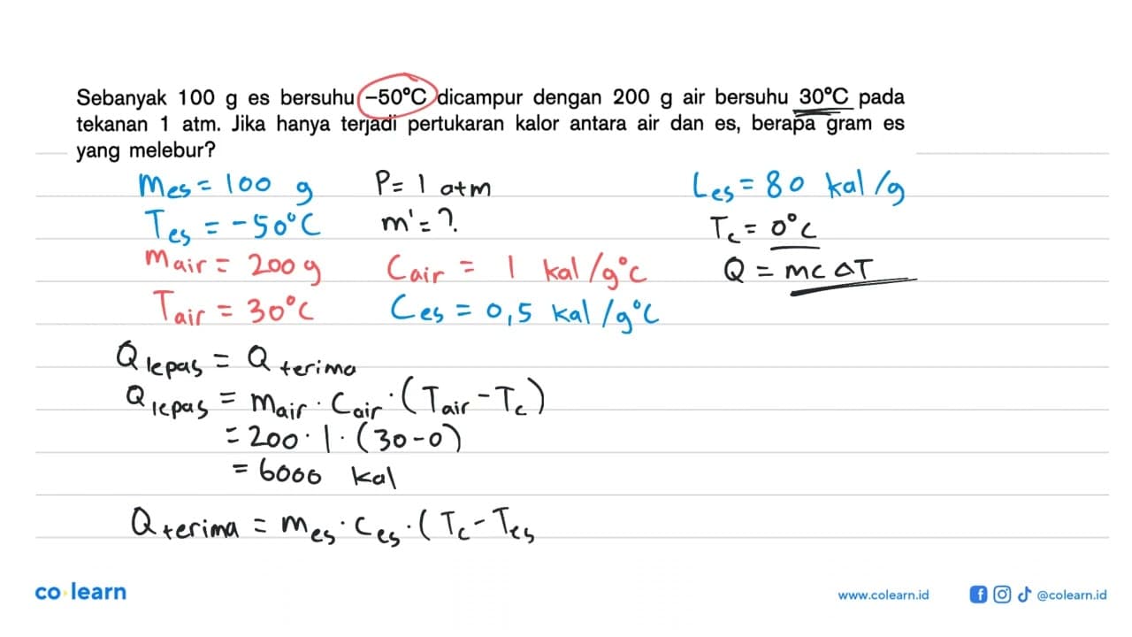 Sebanyak 100 g es bersuhu -50 C dicampur dengan 200 g air